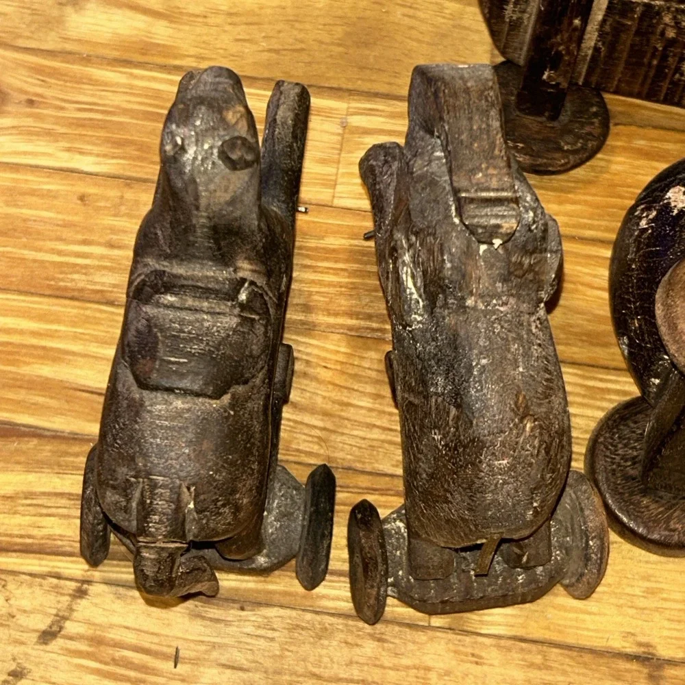 Folk Art Carved Wooden Horses on Wheels Locking Storage Compartments Vintage